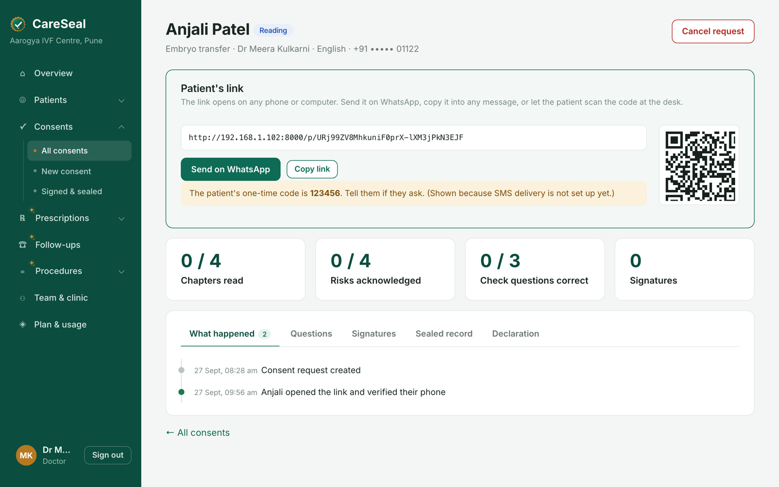 A consent with its WhatsApp link and QR code