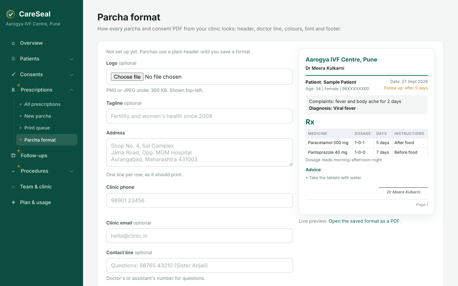 Designing the clinic's own parcha format in CareSeal