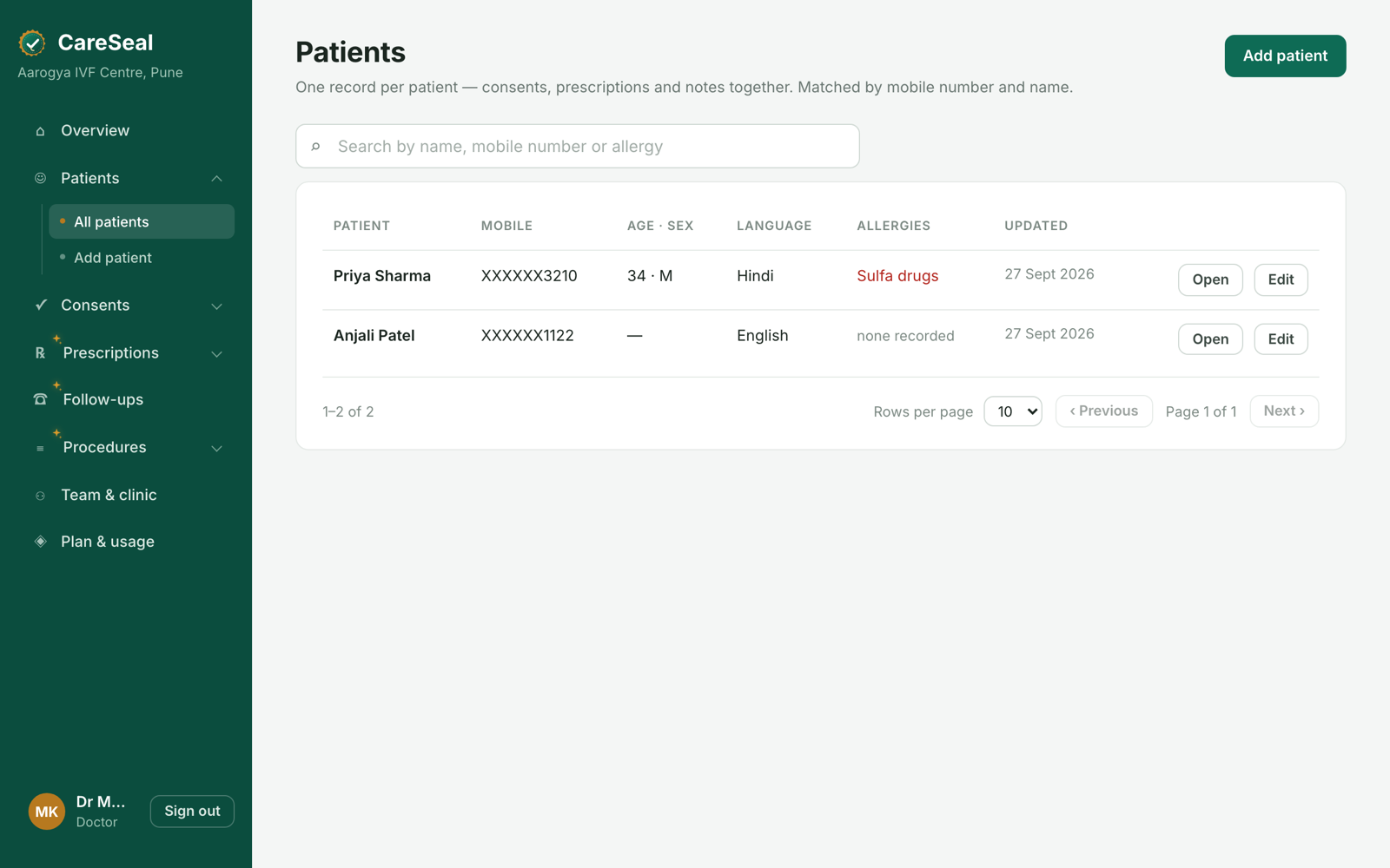 The patients list in CareSeal