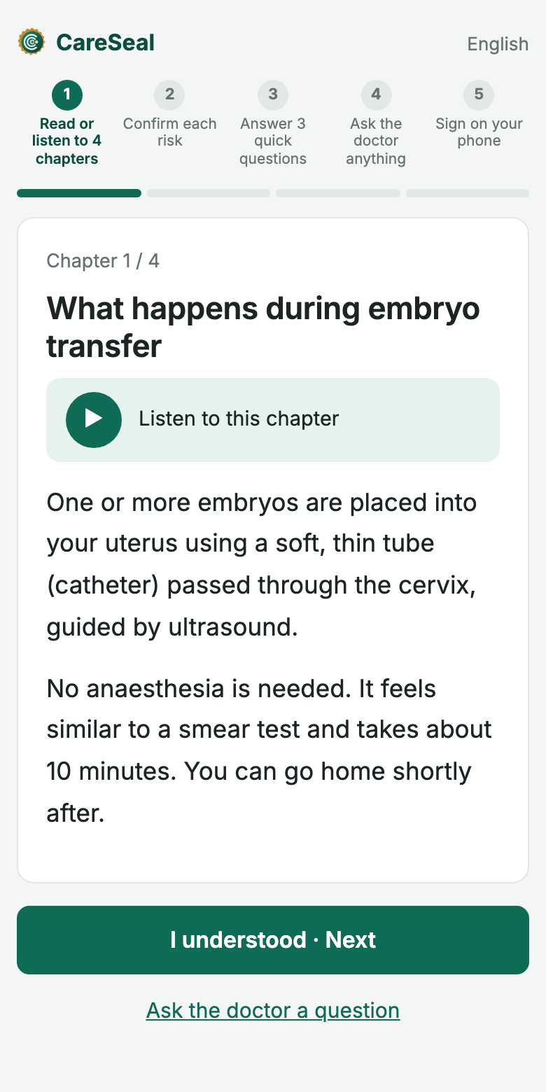 A consent chapter on the patient's phone with the listen button and the progress steps