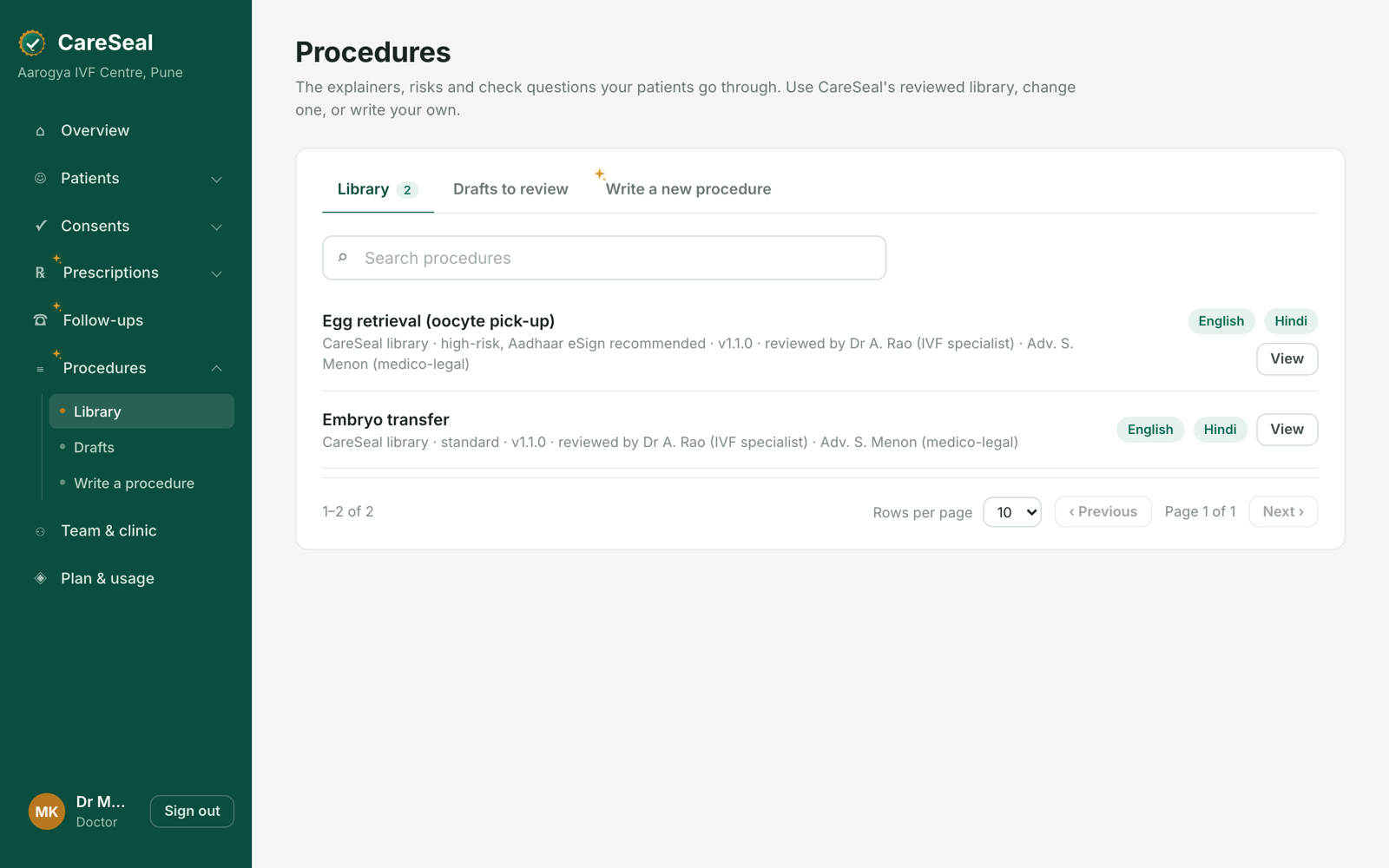 The procedure library in the CareSeal dashboard with the IVF consents ready to use